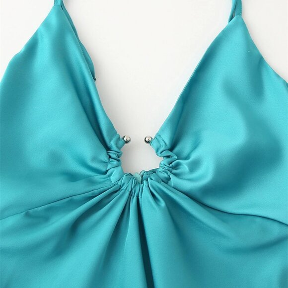 Blue Satin O-Ring Front Evening Party Cocktail Maxi Dress M - Picture 5 of 6